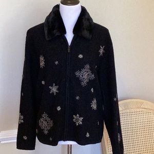 J G Hook black wool l.s. sweater adorned with embroidered and crystal snow